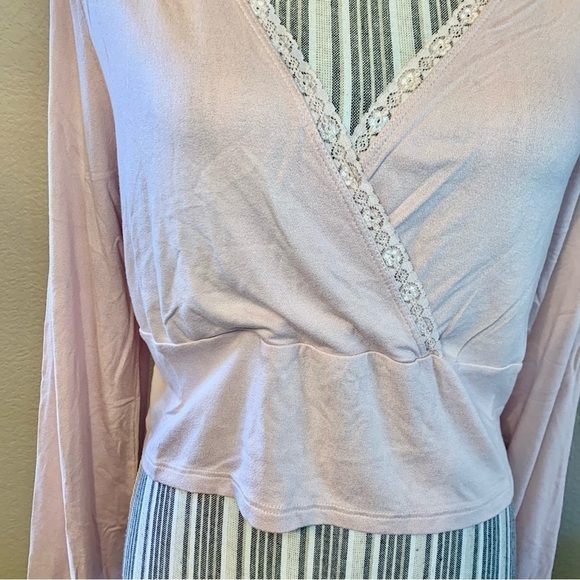 NWT Crop Top XL BP Wrap Front Lace Trim Pink Smoke Boho Long Balloon Sleeves - Picture 3 of 13